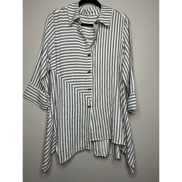 Soft Surroundings Tops - Soft Surroundings Asymmetrical Tunic Gray Stripe Lagenlook Buttons Petite Large